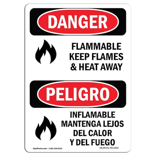 Safety Sign, OSHA, 5" Height, Flammable Keep Flames And Heat Away Spanish, 10PK